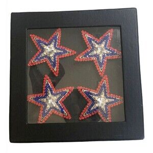 Patriotic July 4th Napkin Rings Red White Blue Silver Star Rhinestone Set of 4